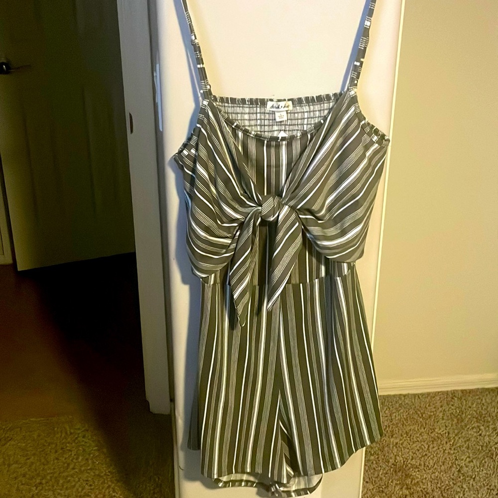 Hunter green striped tie front tank top romper